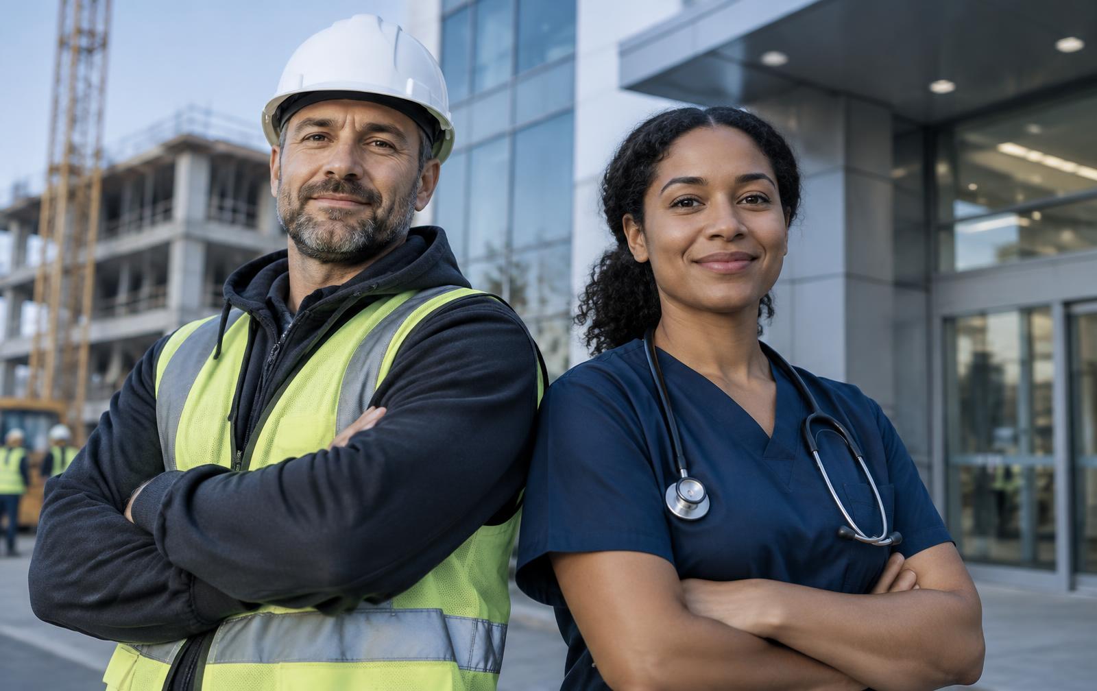 A construction supervisor in a hard hat beside a healthcare support professional with a stethoscope